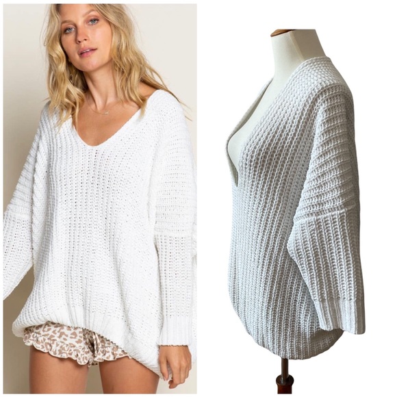 POL Sweaters - POL WOMENS OVERSIZED WHITE CHUNKY DROP SHOULDER CABLE KNIT SWEATER S
